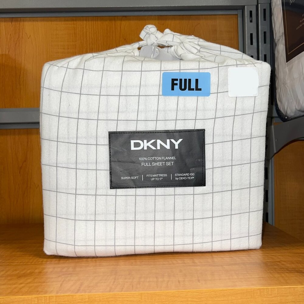 DKNY Pure Full Cotton White Gray Squares Sheets Set Fitted, Flat, Pillowcases